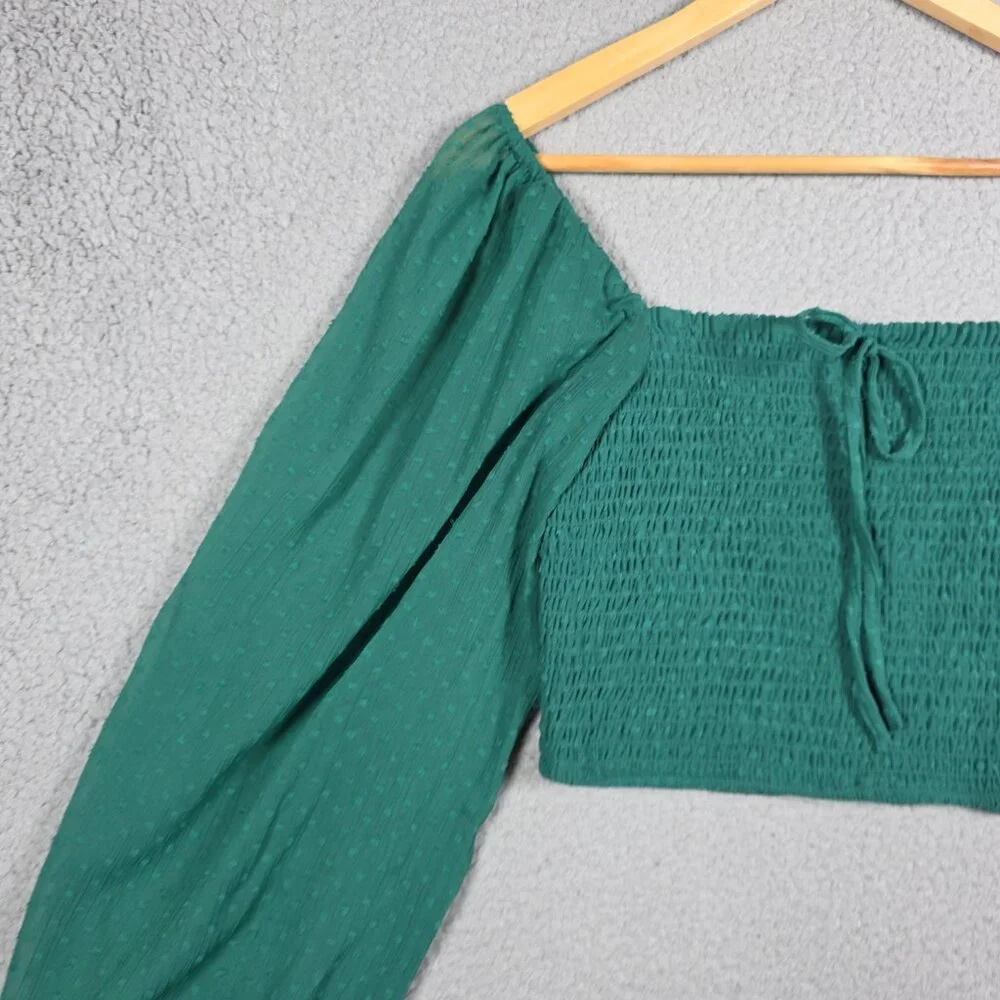 BOG Collective Top Womens Size Medium Pine green Smocked Cropped Blouse BOHO